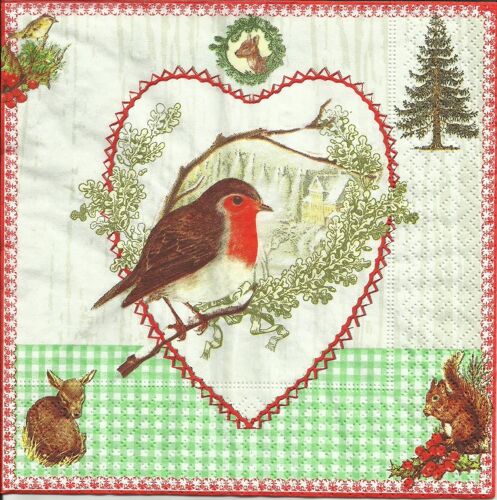 Lot De 2 Serviettes Déco Papier: Rouge Gorge Dans Son Médaillon