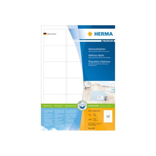 HERMA Premium - Papier - mat - auto-adhésif permanent - blanc - 63.5 x 46.6 mm 1800 étiquette(s) (100 feuille(s) x 18) étiquettes d'adresse laminées