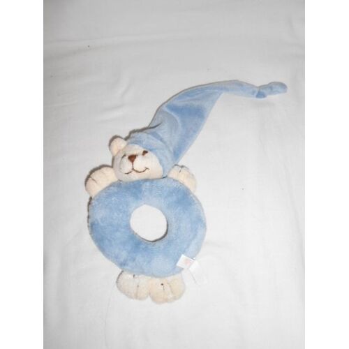 Ours Ourson Doudou Hochet Plush Grelot Anneau Bonnet Bleu Beige Ecru Creme Rond Plush 4 U
