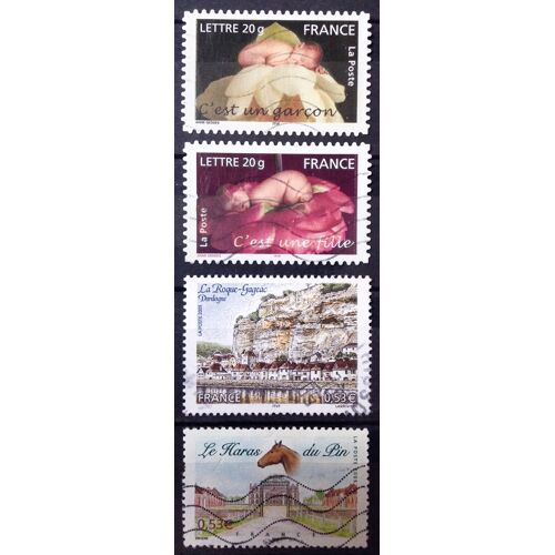 Timbre Naissance - C'est Une Fille (Rose) (N° 3804) + C'est Un Garçon (Chou) (N° 3805) + Haras Du Pin 0,53 (N° 3808) + La Roque-Gageac 0,53 (N° 3809) Obl - France Année 2005 - Brn83 - N30472