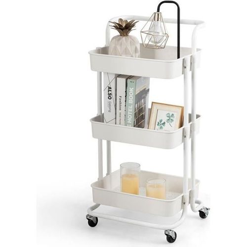 Chariot De Service À Roulettes Avec 3 Paniers Grillagés En Métal Anti-Rouille 42 X 35 X 87 Cm Charge Max. 60kg Blanc