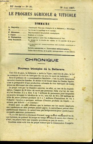 Le Progrès Agricole Et Viticole, N°26 - 24ème Année : La Loi Sur Le Mouillage Et Le Sucrage - Le Pesage De La Récolte Des Raisins Et Le Contrôle De La Production ...