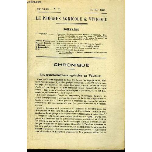 Le Progrès Agricole Et Viticole, N°20 - 24ème Année : Les Transformations Agricoles En Vaucluse - Destruction Des Chenilles Ou Larves De L'aitise - Le Mildew - La Destruction Des Altises - ...
