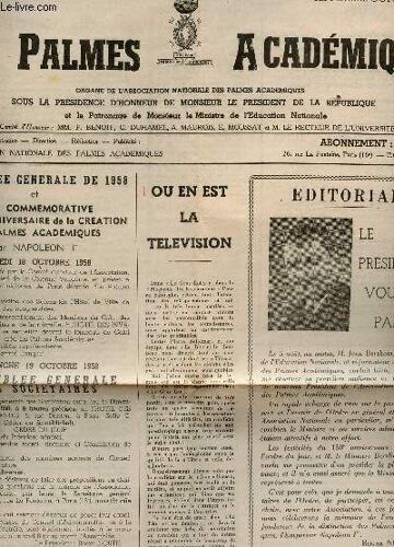 Les Palmes Academiques / 7e Annee - Sept-Oct 1958 / Assemblee Generale De 1958 Et Fete Commemorative Du 150e Anniversaire De La Creation Des Palmes Academiques - Ou En Est La Television ...