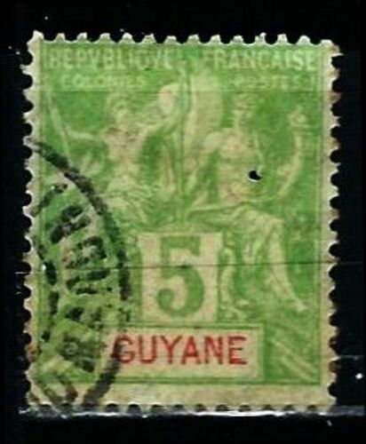 Guyane, Colonie Française 1900 / 1904, Beau Timbre Yvert 43, Type Sage "Colonies" 5c. Vert Jaune, Cartouche Rouge, Oblitéré, Tbe.