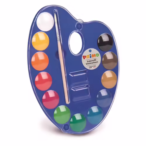 Primo Pastilles D'aquarelle, Boîte En Plastique Avec Couvercle/Palette, 12 Couleurs. Ø 25 Mm