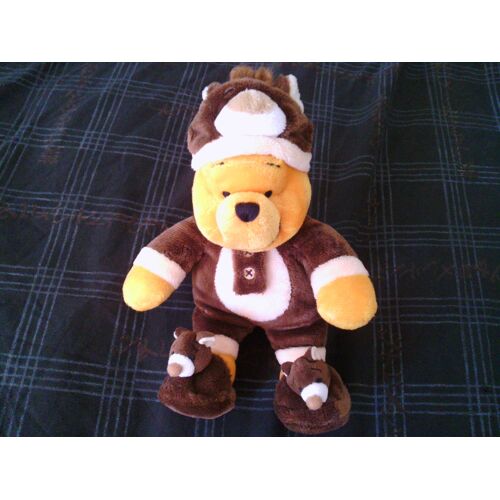 Doudou Peluche Winnie L'ourson Déguisé En Ours Disneyland Disney Billes Au Popotin Marron Blanc Jaune 24 Cm