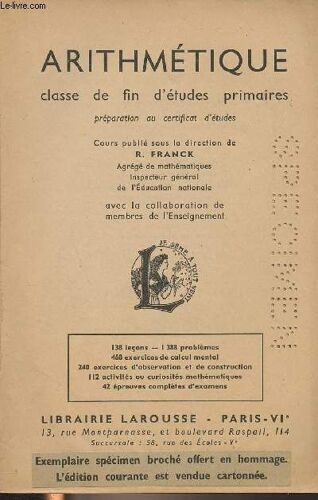Arithmétique, Classe De Fin D Études Primaires, Préparation Au Certificat D Études