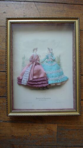 Ancien Cadre Sous Verre Gravure De Mode Habillée Tissu Xixe.