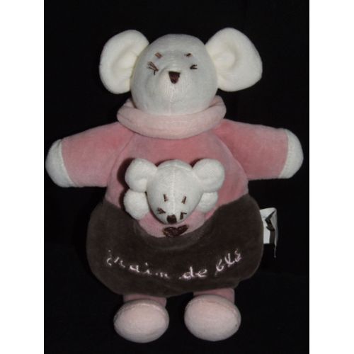Souris Grain De Ble Doudou Rose Violet Mauve Et Son Bebe Peluche De 22 Cm