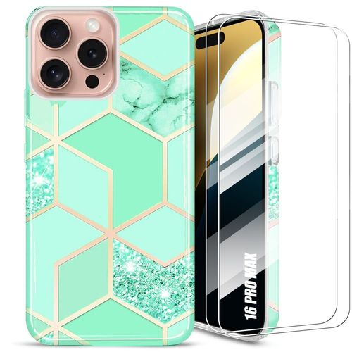 Coque + 2 Verres Trempés Pour Iphone 16 Pro Max - Motif Marbre Turquoise Protection Antichoc Anti-Rayures Ultra Légère - E.F.Connection