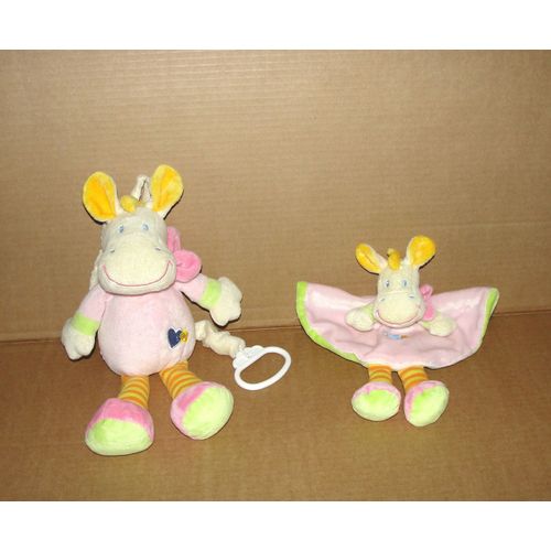 Poney Ane Ou Cheval Avec Coeur Et Petite Fleurs Brodés  Doudou + Doudou Musical Sidj