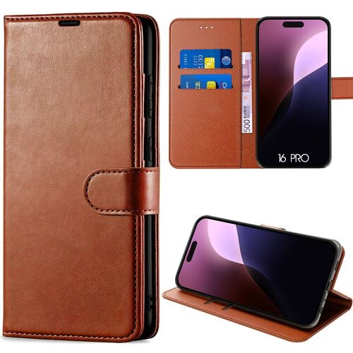 Coque pour iPhone 16 Pro, Protection Rabat Anti-Rayures Antichoc Synthécuir Souple - Marron - E.F.Connection