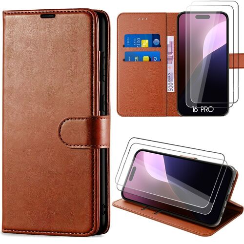 Coque + 2 Verres Trempés Pour Iphone 16 Pro - Protection Rabat Effet Cuir Marron - E.F.Connection