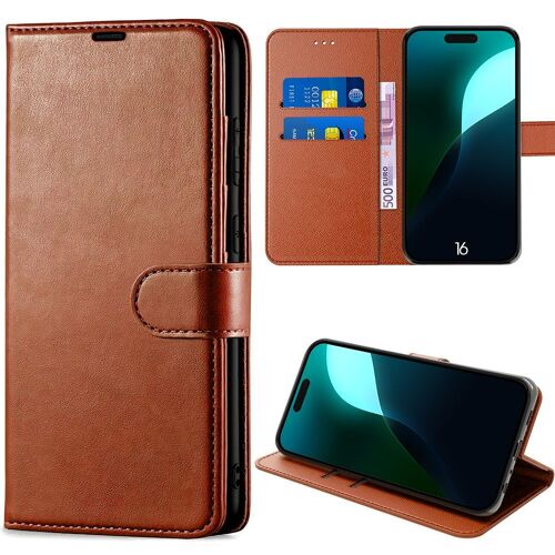 Coque Pour Iphone 16, Anti-Rayures Porte-Carte Protection 360 Degré Effet Cuir Marron - E.F.Connection
