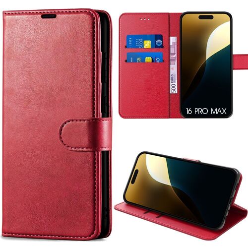 Coque pour iPhone 16 Pro Max, Flip Case Anti-Rayures Protection 360 Degré Effet Cuir Rouge - E.F.Connection