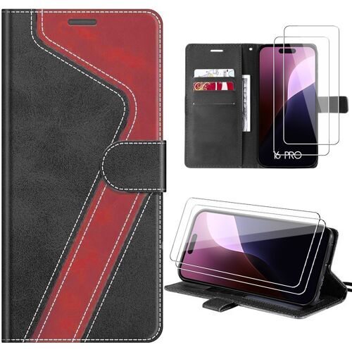 Coque Pour Iphone 16 Pro, Protection Rabat Souple Antichoc Cuir Synthétique Rouge/Noir + 2 Verres Trempés - E.F.Connection