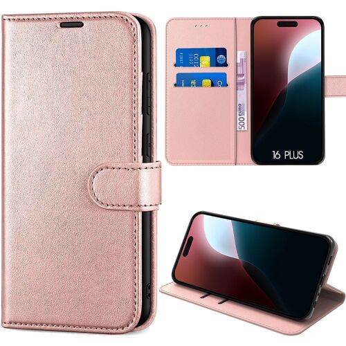 Coque Pour Iphone 16 Plus - Flip Case Effet Cuir Rose Avec Support Et Porte-Carte - E.F.Connection