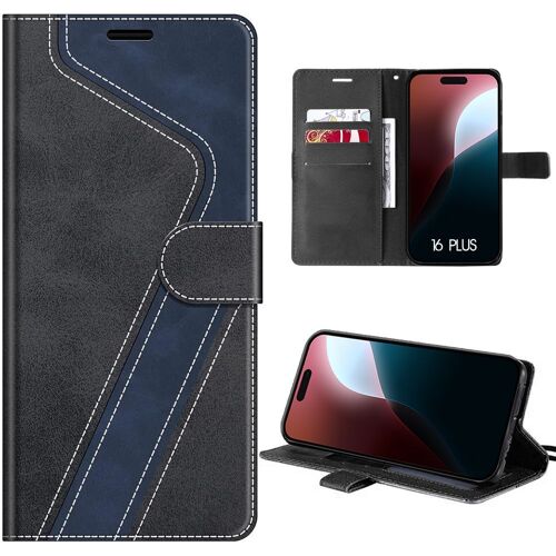 Coque Pour Iphone 16 Plus, Protection Souple Antichoc Cuir Pu - Noir/Bleu Marine - E.F.Connection