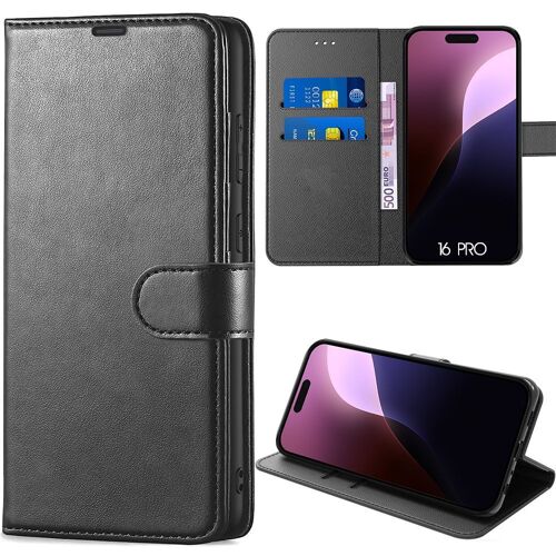 Coque Intégrale Pour Iphone 16 Pro - Protection Rabat Cuir Synthétique Antichoc Noir - E.F.Connection