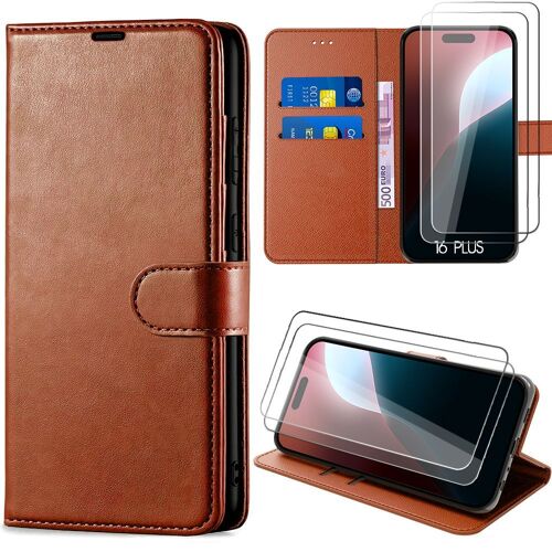 2 Verres Trempés + Coque Pour Iphone 16 Plus, Coque Portefeuille Anti-Rayure Effet Cuir Marron - E.F.Connection