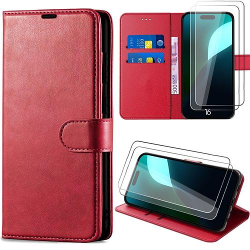 Coque + 2 Verres Trempés pour iPhone 16 - Coque à Rabat Cuir PU Antichoc Rouge - E.F.Connection
