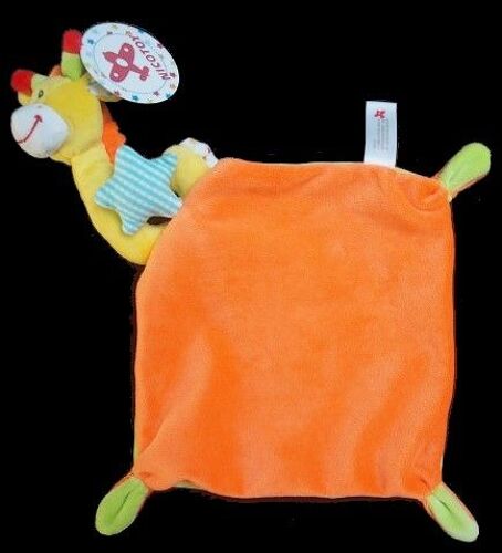 Doudou Peluche Girafe Nicotoy Plat Jaune Blanc Etoiles Mouchoir Carré Orange Vert