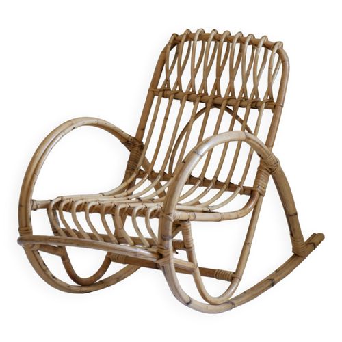 Rocking Chair En Rotin Vintage Beige