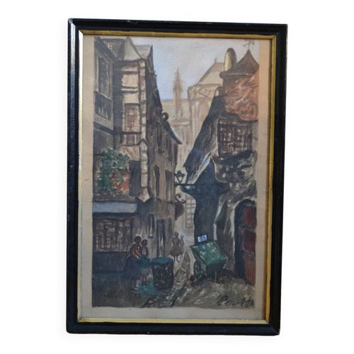 Peinture ancienne gouache rue brise miche le marais paris blanc