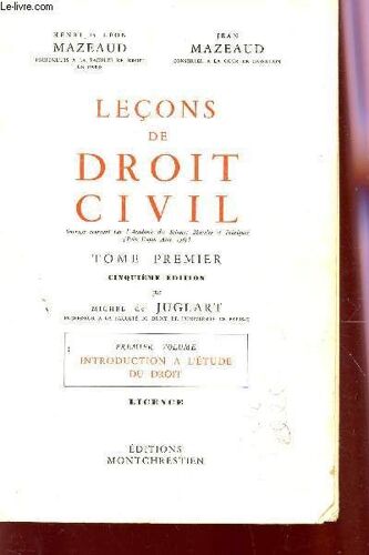 Lecons De Droit Civil - Tome Premier / Premier Volume : Introduction A L'etude Du Droit - Licence / Cinquieme Edition.