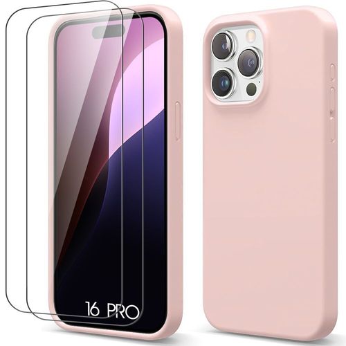 Coque + 2 Verres Trempés pour iPhone 16 Pro, Silicone Liquide Protection Slim Légère Anti-Rayures - Rose - E.F.Connection