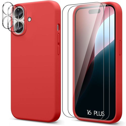 Coque Pour Iphone 16 Plus, Silicone Liquide Rouge + 2 Verres Trempés Et 2 Vitres Objectif Arrière - E.F.Connection
