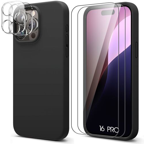 Coque Silicone Noir pour iPhone 16 Pro avec 2 Verres Trempés et 2 Vitres Objectif Arrière - E.F.Connection