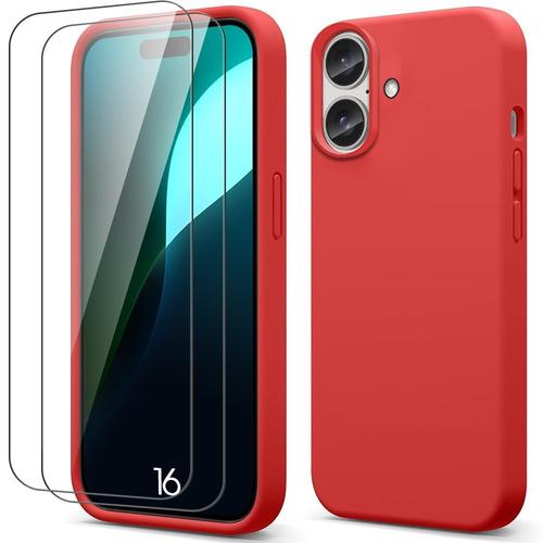 Coque pour iPhone 16 - Protection Silicone Souple Slim Léger Anti-Rayures - Rouge + 2 Verres Trempés - E.F.Connection