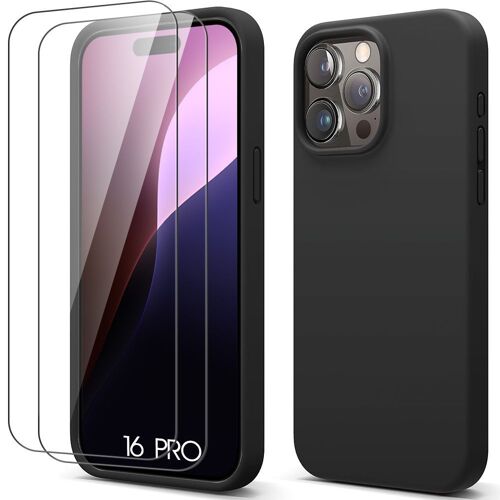 Coque Silicone + 2 Verres Trempés pour iPhone 16 Pro - Protection Ultra Slim Antichoc Anti-Rayures - Noir Mat - E.F.Connection