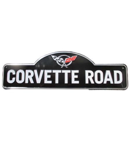 Blason Chevrolet Corvette Road Noir Blanc 46x14cm Déco Americaine Plaque Tole