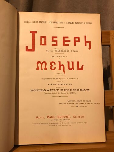 Mehul Joseph Partition Chant Piano Éditions Paul Dupont Bourgault Ducoudray Armand Silvestre