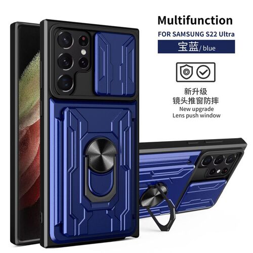 Coque pour samsung S22 Ultra, anti-chute, insertion de carte, support, coque de téléphone de voiture - Bleu