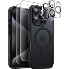 Coque pour iPhone 16 Pro Max, Protection Noire avec Anneau Magnétique + 2 Verres Trempés et 2 Vitres Caméra Arrière - BOOLING