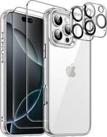 Coque pour iPhone 16 Pro, Coque Silicone Transparent avec 2 Verres Trempés + 2 Vitres Caméras Arrières - BOOLING