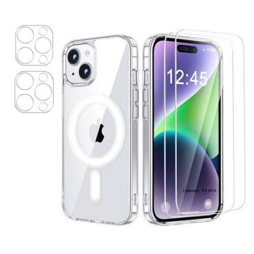 Hq-Cloud® Coque Magnétique Pour Iphone 14 Pro 6,1 Pouces Avec 2 Verres Trempés Et 2 Caméra Protecteur, Compatible Avec Magsafe, Dos Anti Rayures, Transparent