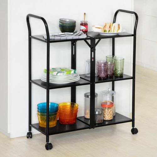 SoBuy SVW02-Sch Desserte de Cuisine Pliante Chariot de Bar Desserte à Roulettes Chariot de Service Cuisine avec Poignée et 3 Etages