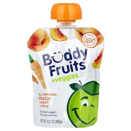 Buddy Fruits, Mélange De Fruits Et De Légumes, Pêche, Carotte Et Pomme, 90 G