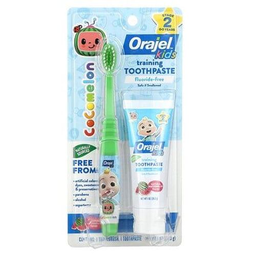 Orajel, Enfants, Cocomelon Dentifrice D'entraînement Avec Brosse À Dents, Sans Fluor, 0-3 Ans, Pastèque, Ensemble 2 Pièces, 28,3 G 