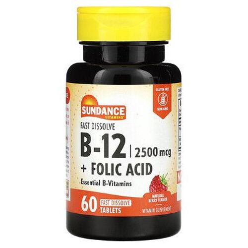 Sundance Vitamins, B-12 À Dissolution Rapide + Acide Folique, Baies Naturelles, 60 Comprimés À Dissolution Rapide 