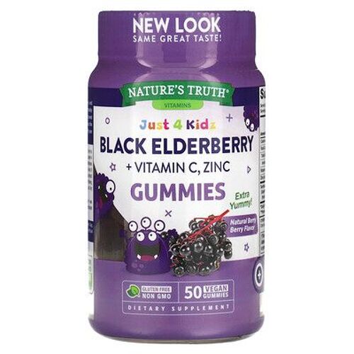 Nature's Truth, Just 4 Kids, Baie De Sureau Noir + Vitamine C, Zinc, Baies Naturelles, 50 Gommes Véganes 
