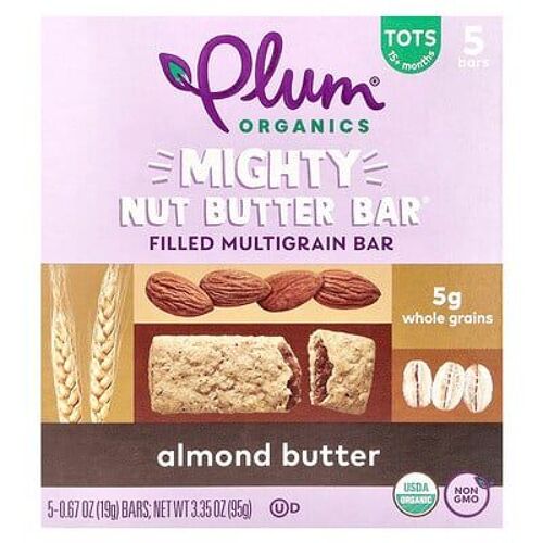 Plum Organics, Barre Mighty Nut Butter, Pour Les Enfants De 15 Mois Et Plus, Beurre D'amande, 5 Barres, 19 G Chacune