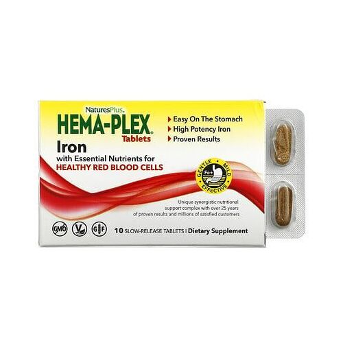 Naturesplus, Hema-Plex, Fer Avec Nutriments Essentiels Pour La Santé Des Globules Rouges, 10 Comprimés À Libération Lente 