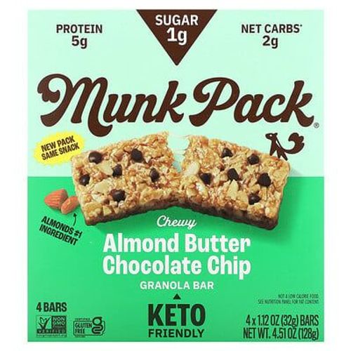 Munk Pack, Barre Granola Moelleuse, Beurre D'amande Et Pépites De Chocolat, 4 Barres, 32 G Chacune