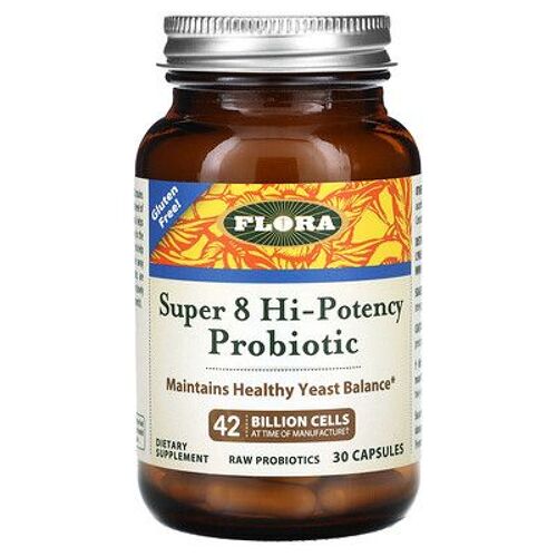 Flora, Probiotiques Super 8 Haute Efficacité, 42 Milliards De Cellules, 30 Capsules 